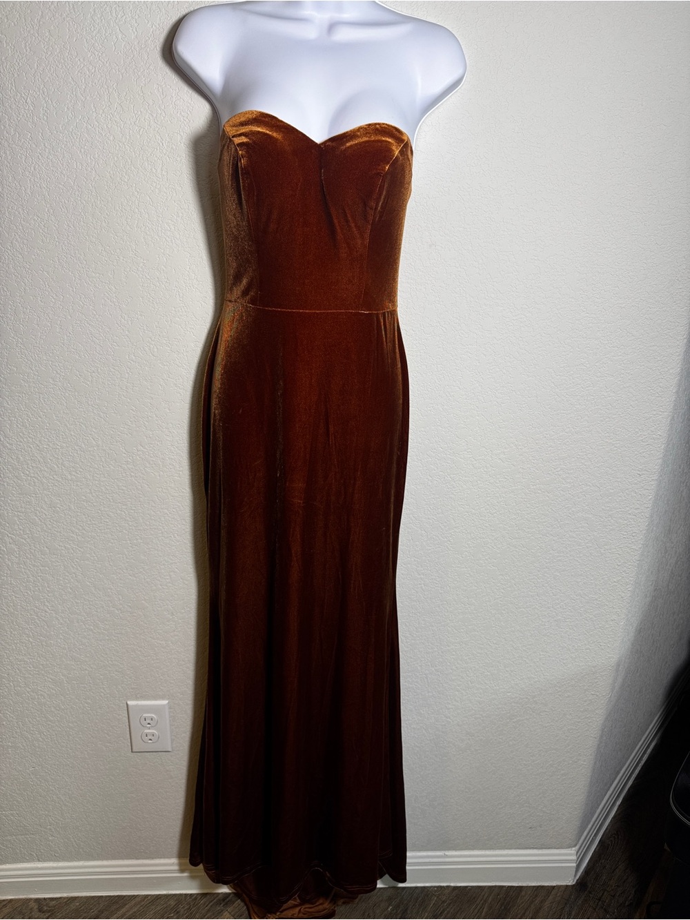 Revelry Strapless Velvet Evening Gown in Burnt Orange